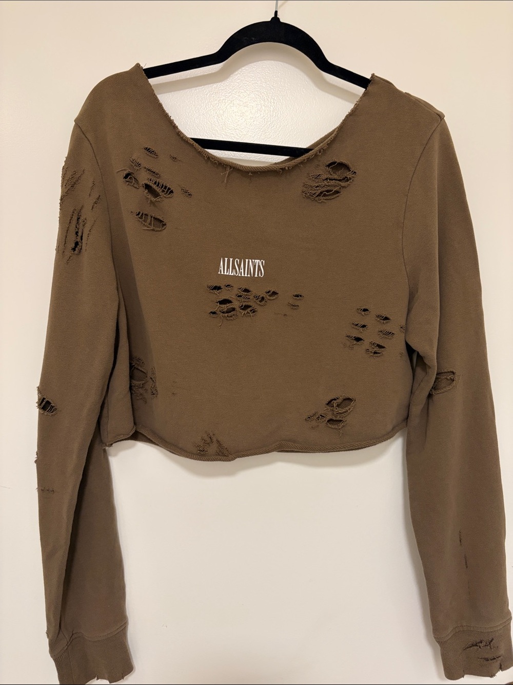 All Saints Cropped Distressed Sweatshirt - Brown